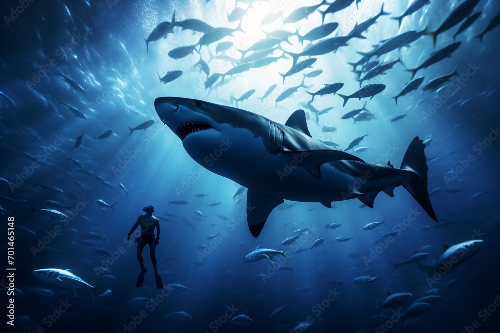Obraz premium A scuba diver swimming around shark and smaller fishes