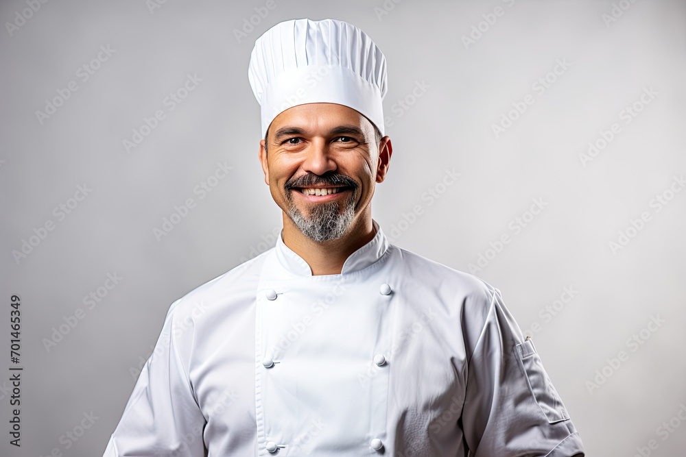 Portrait of a professional chef in uniform and hat, standing in a kitchen, exuding culinary expertise and happiness. Portrait of a professional chef in uniform and hat, standing in a kitchen, exuding culinary expertise and happiness.