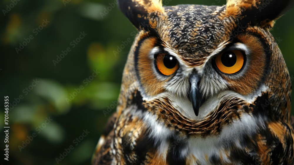 A closeup portrait of a great horned owl in its natural environment. A closeup portrait of a great horned owl in its natural environment.