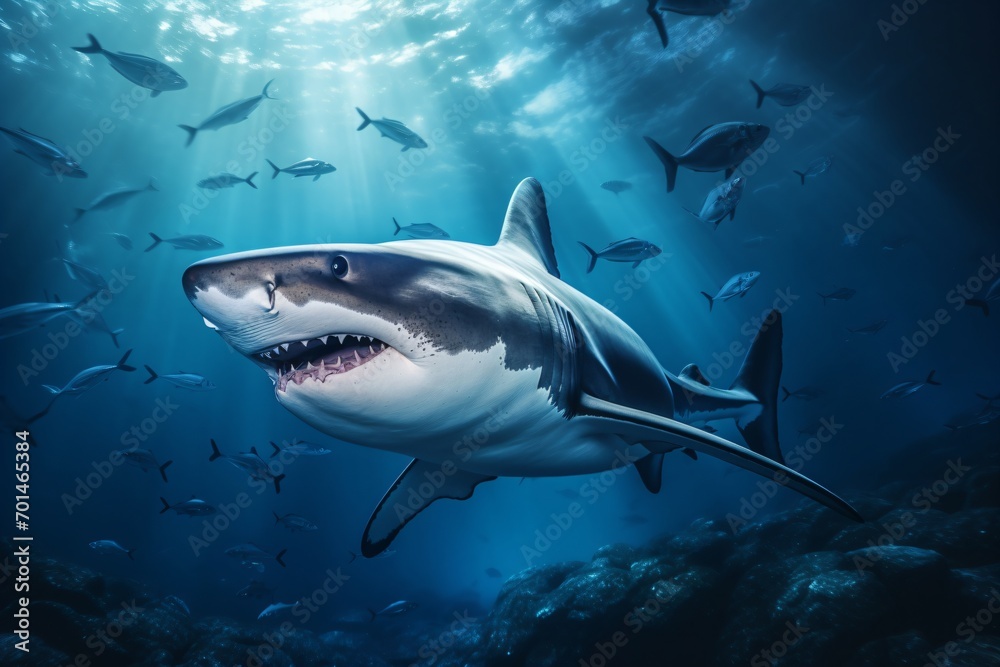 Fototapeta premium A scuba diver swimming with a shark