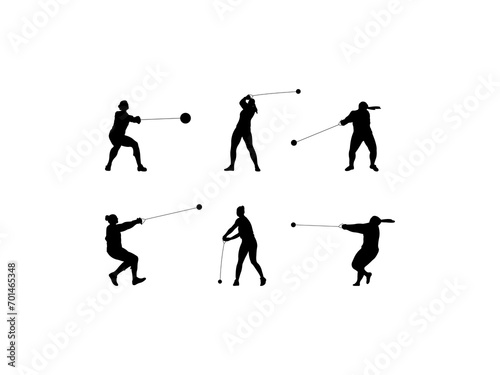 Set of Female Hammer Throw Silhouette in various poses isolated on white background