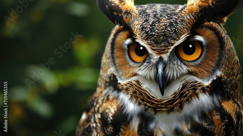 A closeup portrait of a great horned owl in its natural environment.