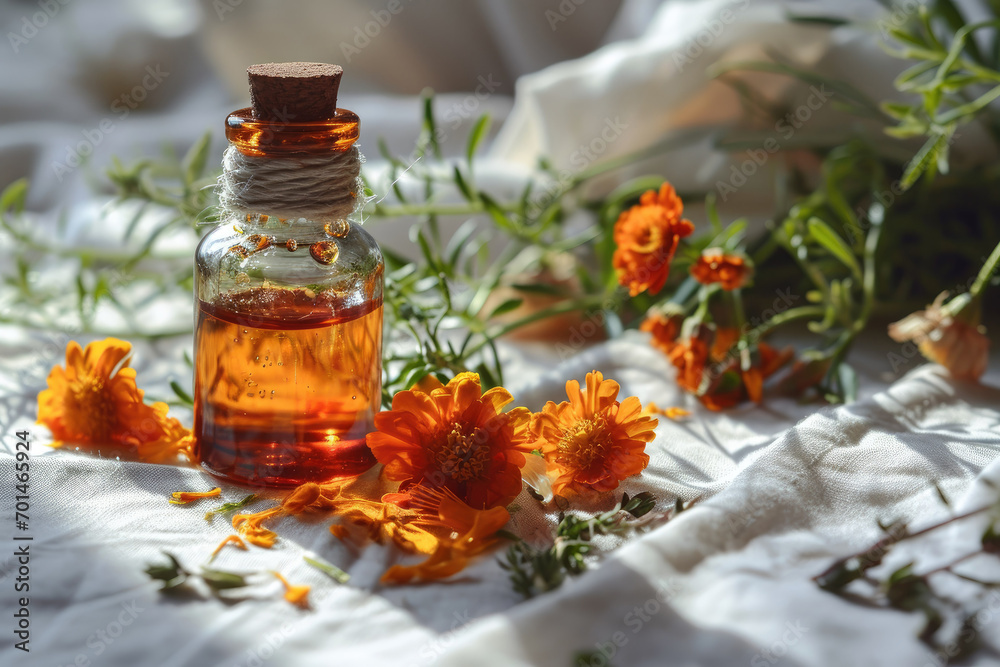Aroma essential diffuser oil in a glass bottle with blooming flowers and herb on fabric, Aromatherapy concept, fresh and relax smell. Aroma essential diffuser oil in a glass bottle with blooming flowers and herb on fabric, Aromatherapy concept, fresh and relax smell.