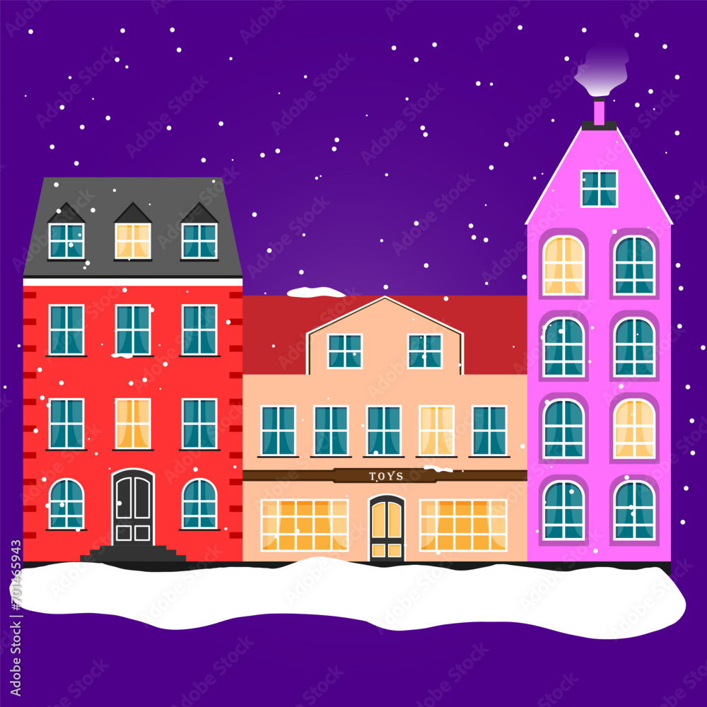 Scandinavian houses, winter card Scandinavian houses, winter card