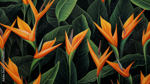 wallpaper with strelitzia bird of paradise flowers and green leaves orange yellow petals background drawing painting texture exotic tropical plants pattern rainforest jungle design fabric illustration