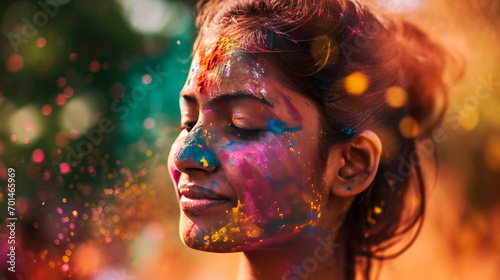 Portrait of an Indian girl with paints on her face. The traditional religious holiday of Holi.