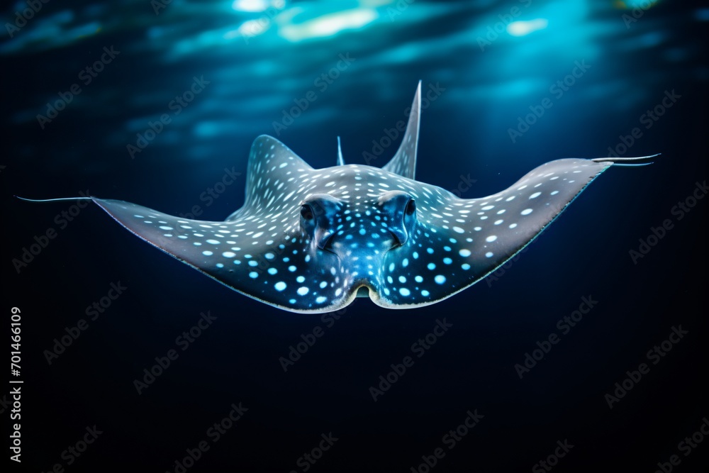 Naklejka premium Close-up of a stingray or manta ray fish underwater in the deep ocean