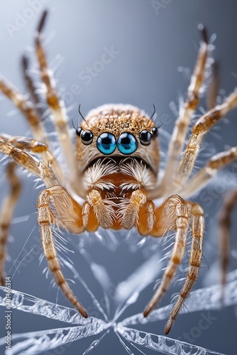 Close-up of a jumping spider with vivid blue eyes