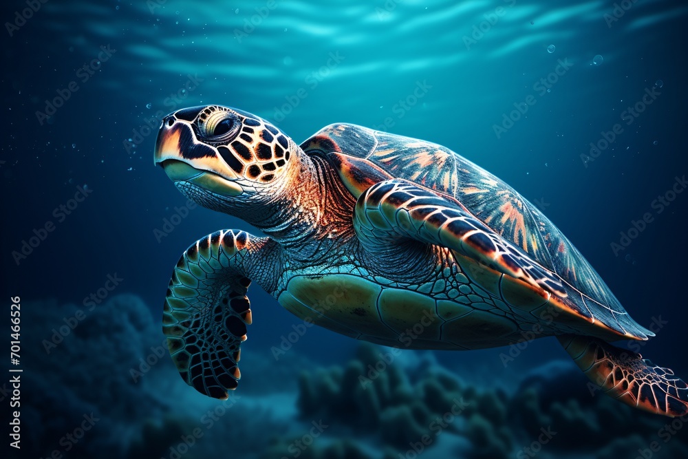 Fototapeta premium Closeup of a giant and old sea turtle swimming in the ocean