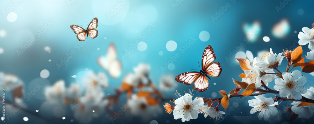 Butterflies flutter among blossoming spring flowers under a radiant, bokeh-lit sky.