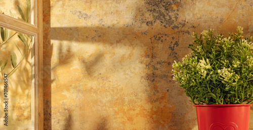 Mur en vieux crépi d'une cuisine dans une maison Provençale avec les rayons du soleil. Ombre de la lumière du jour par la fenêtre.