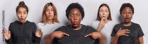 Collage shot of stunned African woman points at herself suggests to write your promotional text here other stupefied women in black and white t shirts pose indoor. People and big surprisement concept