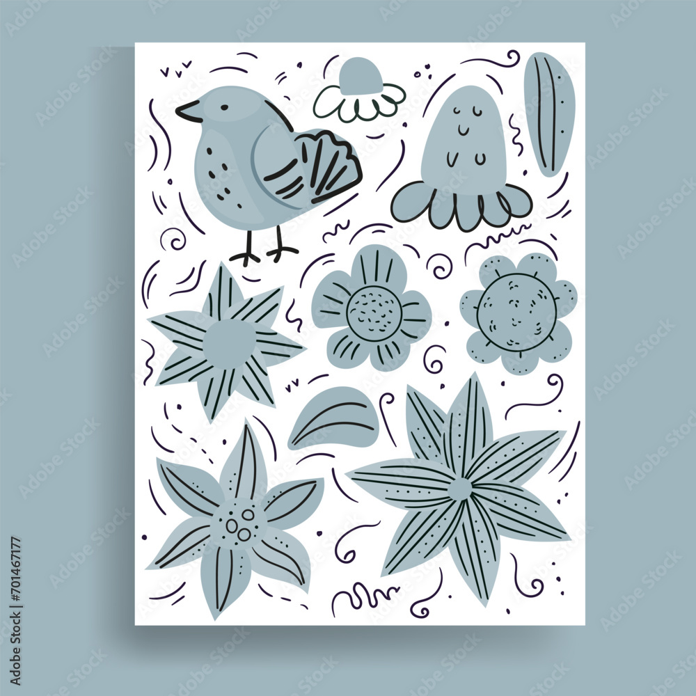 doodle spring blue vector set with flowers,bird