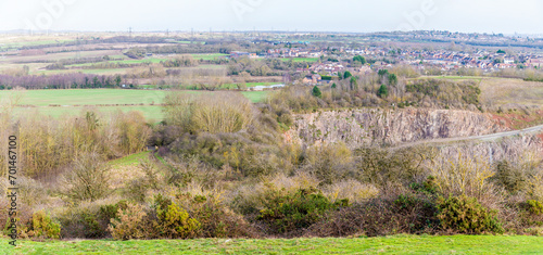A panorama view from Croft Hill towards Thurlaston and Huncote Naturel reserve in Leicestershire, UK on a bright sunny day