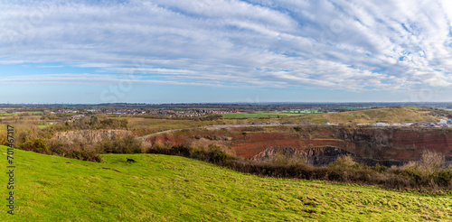 A panorama view from Croft Hill into Croft Quarry towards Huncote in Leicestershire, UK on a bright sunny day