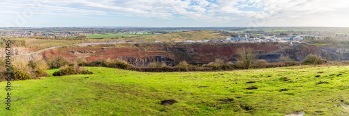 A panorama view from Croft Hill across Croft Quarry in Leicestershire, UK on a bright sunny day