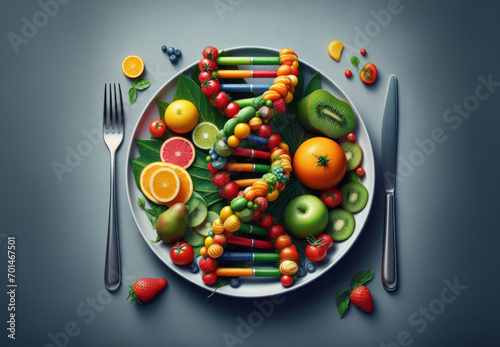 GMO food and Genetically modified crops or engineered agriculture concepts fruit and vegetables as a DNA strand photo