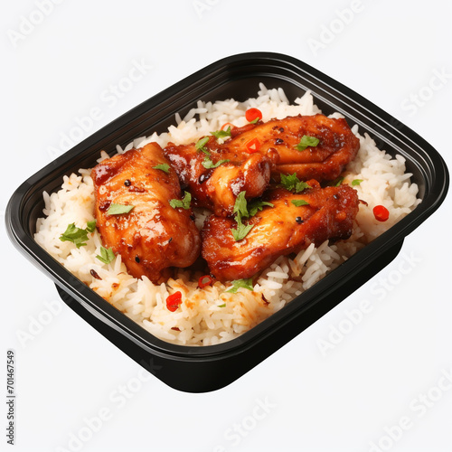 Box of spicey chicken with rice isolated on transparent background created with Generative Ai