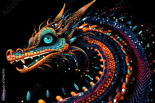 Colorful neon graphic of a dragon on a black background