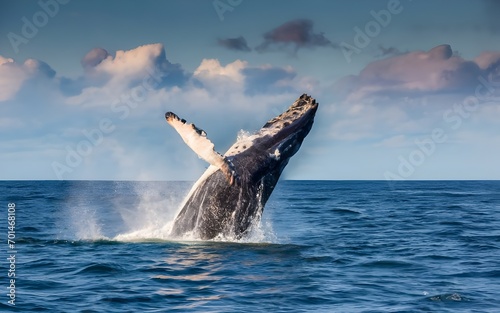 Magnificent humpback whale in an upright position with splashes jumped to the surface close-up against the background of clouds