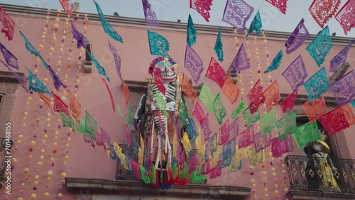 San Miguel de Allende, Mexico - Colorful Papel Picados, Skeletons and Skulls Display The Streets during Day of The Dead Dia de Los Muertos Festival