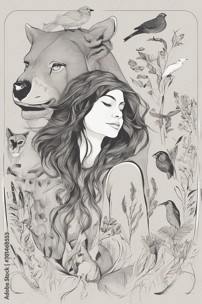 Fototapeta premium Dreamy woman with lion and birds in nature sketch