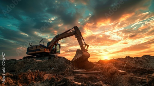 Sunset Construction. Excavator Hard at Work during Golden Hour