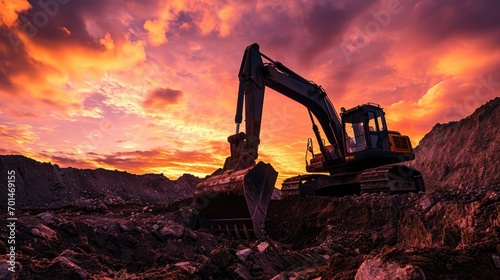 Sunset Construction. Excavator Hard at Work during Golden Hour © Mr. Bolota
