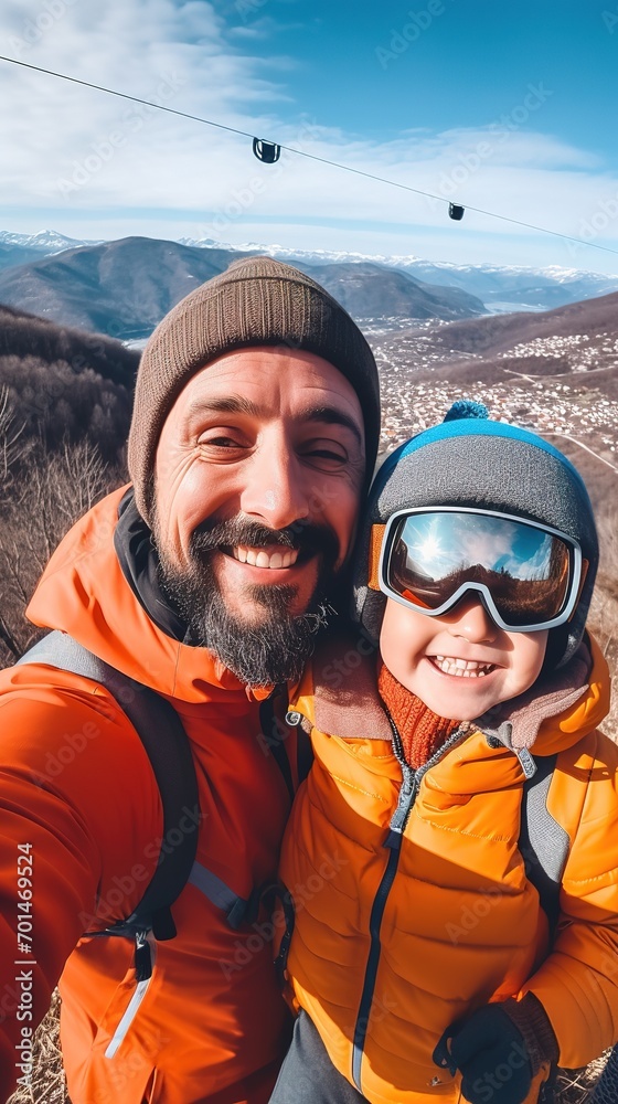 Pure joy and winter fun captured in a delightful image of a father and child joyfully skiing outdoors. A heartwarming portrayal of winter delights. Vertical shot Pure joy and winter fun captured in a delightful image of a father and child joyfully skiing outdoors. A heartwarming portrayal of winter delights. Vertical shot