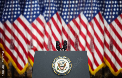 Empty Tribune for Speeches American President Against the American Flags Background.