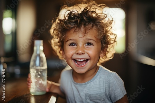 Little boy drink water, outdoor