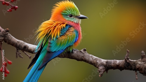 A brightly colored bird perched on a branch, showing off the intricate texture of its feathers. generative ai