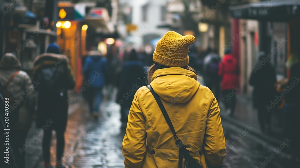 a person in a yellow jacket walking down a street a person in a yellow jacket walking down a street