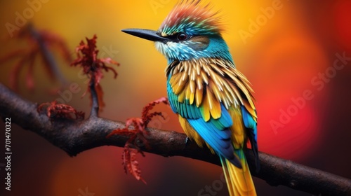A brightly colored bird perched on a branch, showing off the intricate texture of its feathers. generative ai © Francheska