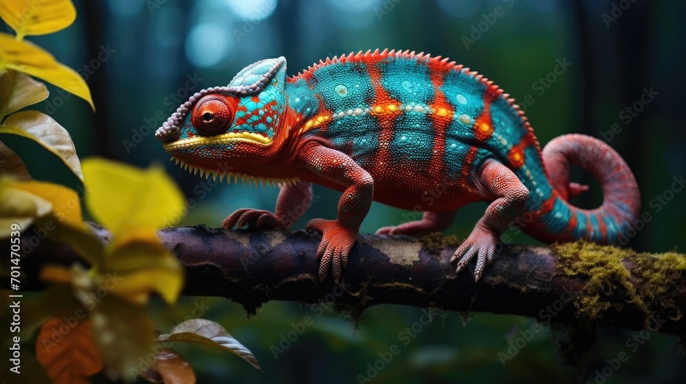 A chameleon on a branch with vivid colors seamlessly blending with its surroundings generative ai A chameleon on a branch with vivid colors seamlessly blending with its surroundings generative ai