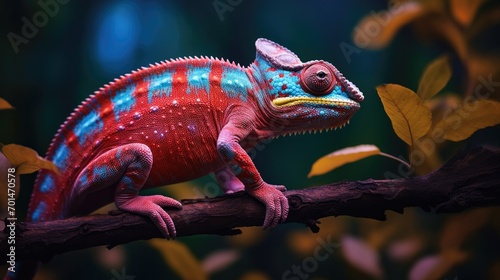 A chameleon on a branch with vivid colors seamlessly blending with its surroundings generative ai © Francheska