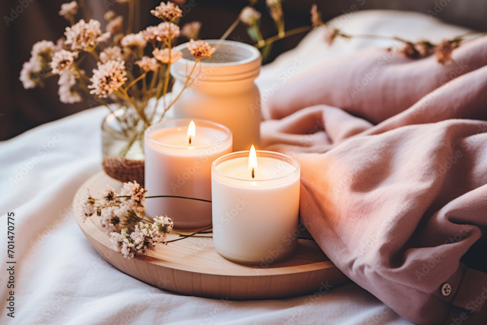 Scented burning candles and fresh flowers. Hygge atmosphere. Generative AI Scented burning candles and fresh flowers. Hygge atmosphere. Generative AI