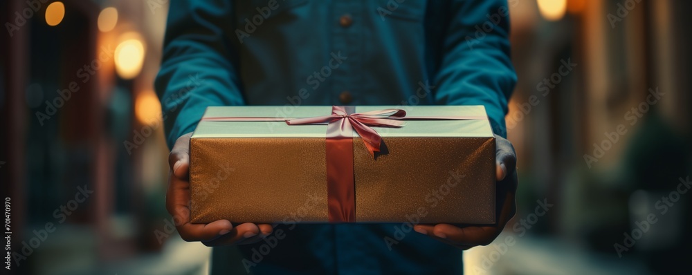 a person holding a wrapped present in their hands with a string of lights in the background a person holding a wrapped present in their hands with a string of lights in the background