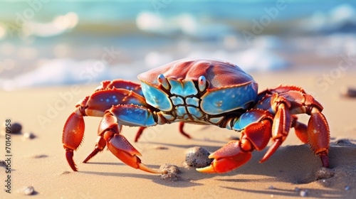 A crab in bright tones on the beach, showcasing the texture of its shell and claws generative ai © Francheska