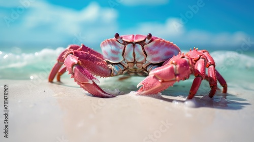 A crab in bright tones on the beach, showcasing the texture of its shell and claws generative ai © Francheska