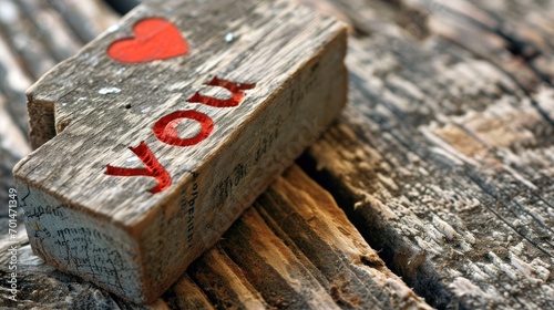 Wooden blocks with the word love and red hearts on a wooden background