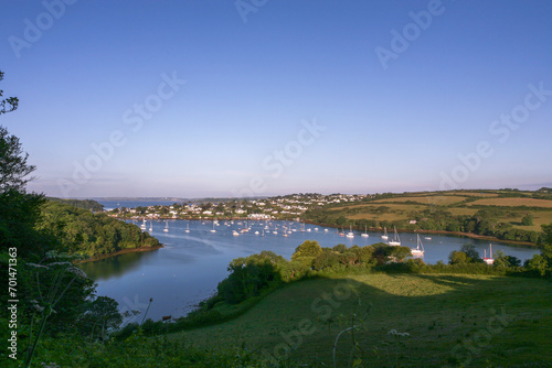 The Percuil River and St. Mawes, with many moored boats: Roseland Peninsula, Cornwall, UK photo