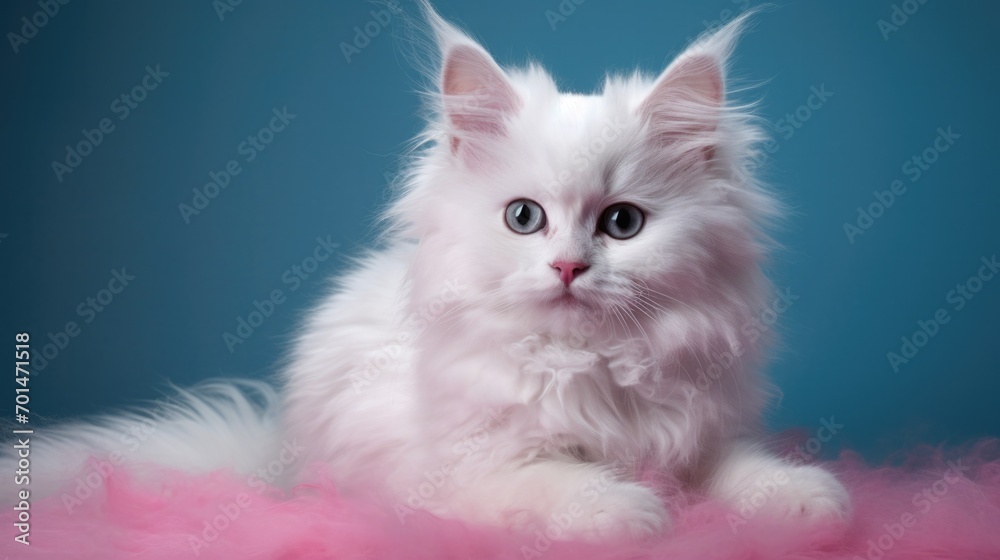 A fluffy kitten with pastel tones on a solid background, emphasizing its big, bright eyes generative ai