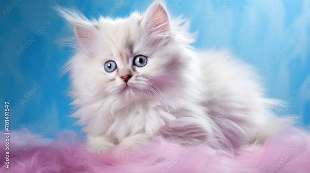 Fototapeta premium A fluffy kitten with pastel tones on a solid background, emphasizing its big, bright eyes generative ai