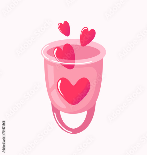 Menstrual cup. Hearts, Self-love, wellnes. Hygienic product. Women Health. Reasonable consumption. Reduce waste. Eco-friendly, reusable. Female reproductive system, cycle. Vector, cartoon style.