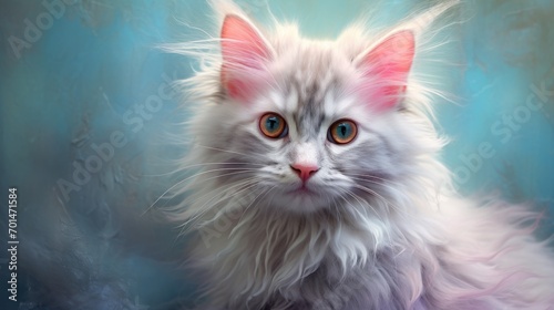 A fluffy kitten with pastel tones on a solid background, emphasizing its big, bright eyes generative ai