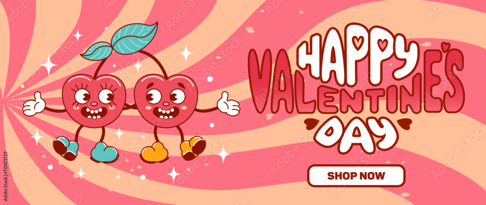 Horizontal banner for Valentines Day. A couple of cherries in love dance and smile. Funny cute characters with faces. Comic elements in trendy old retro cartoon style. For advertising, poster, flyer Horizontal banner for Valentines Day. A couple of cherries in love dance and smile. Funny cute characters with faces. Comic elements in trendy old retro cartoon style. For advertising, poster, flyer