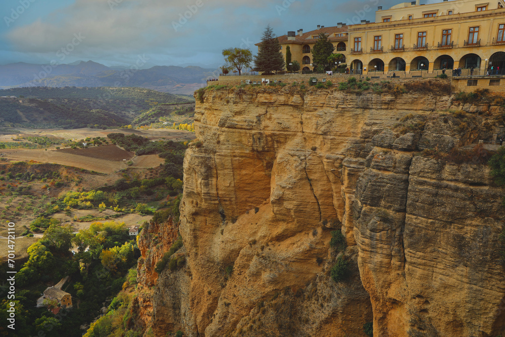 View of the cliff and landscape at new bridge Puente Nuevo in Ronda, Province Of Malaga, Spain