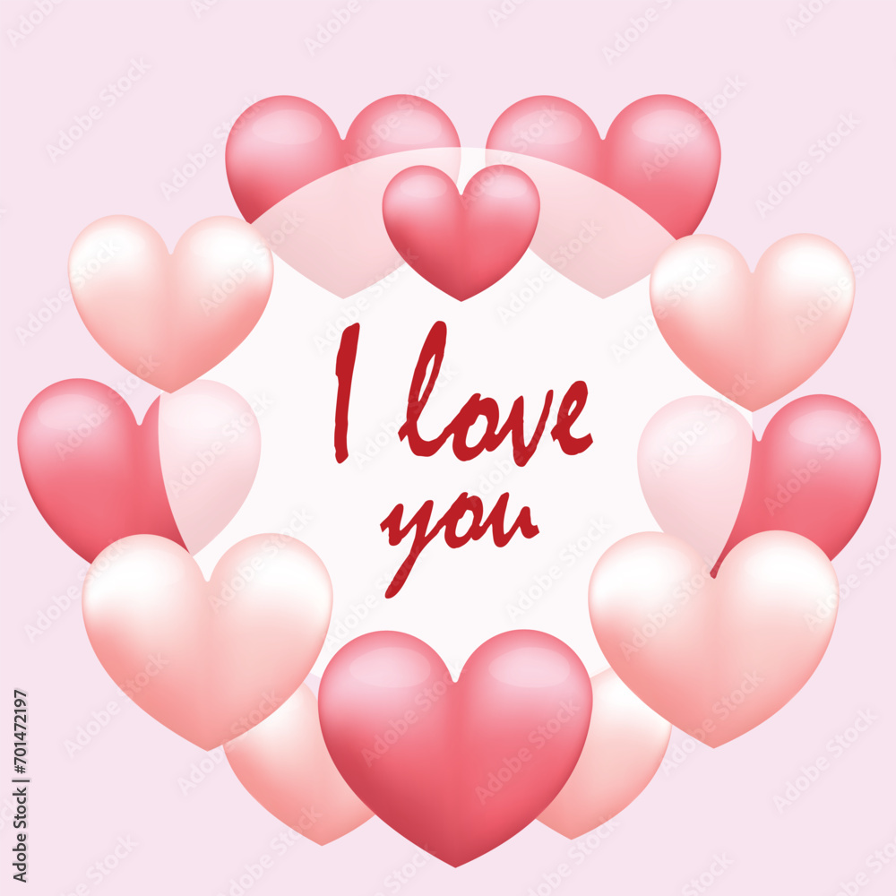 Postcard I love you, with pink and red hearts.Vector illustration.