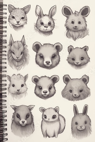 Cute stylized animal faces sketchbook page